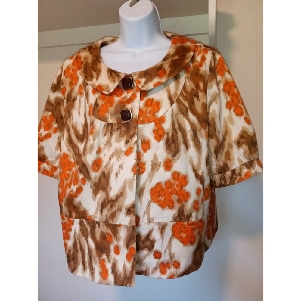 Josephine Women Orange Brown Abstract Print Short Sleeve Button‎ Front Jacket 16